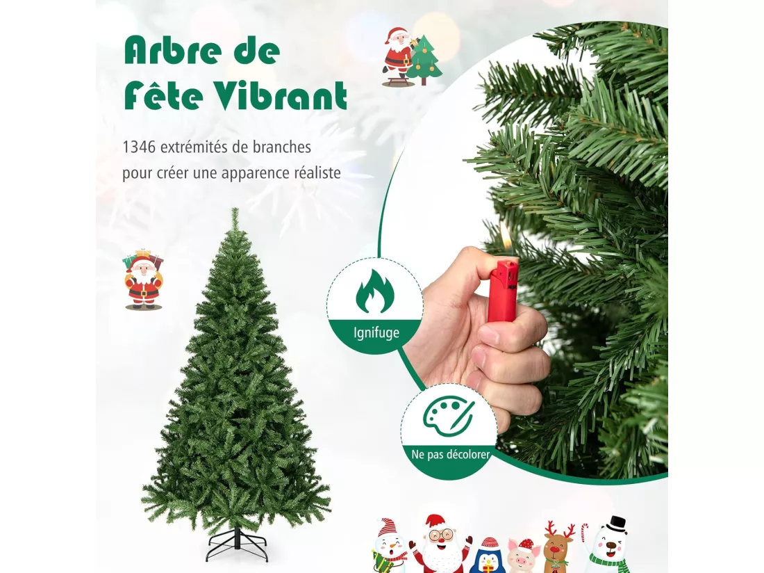 Sapin de noël artificiel 225cm, aiguilles en pvc avec 1346 branches pied métallique solide, arbre de noël idéal pour maison,bureau,magasins hôtels, vert