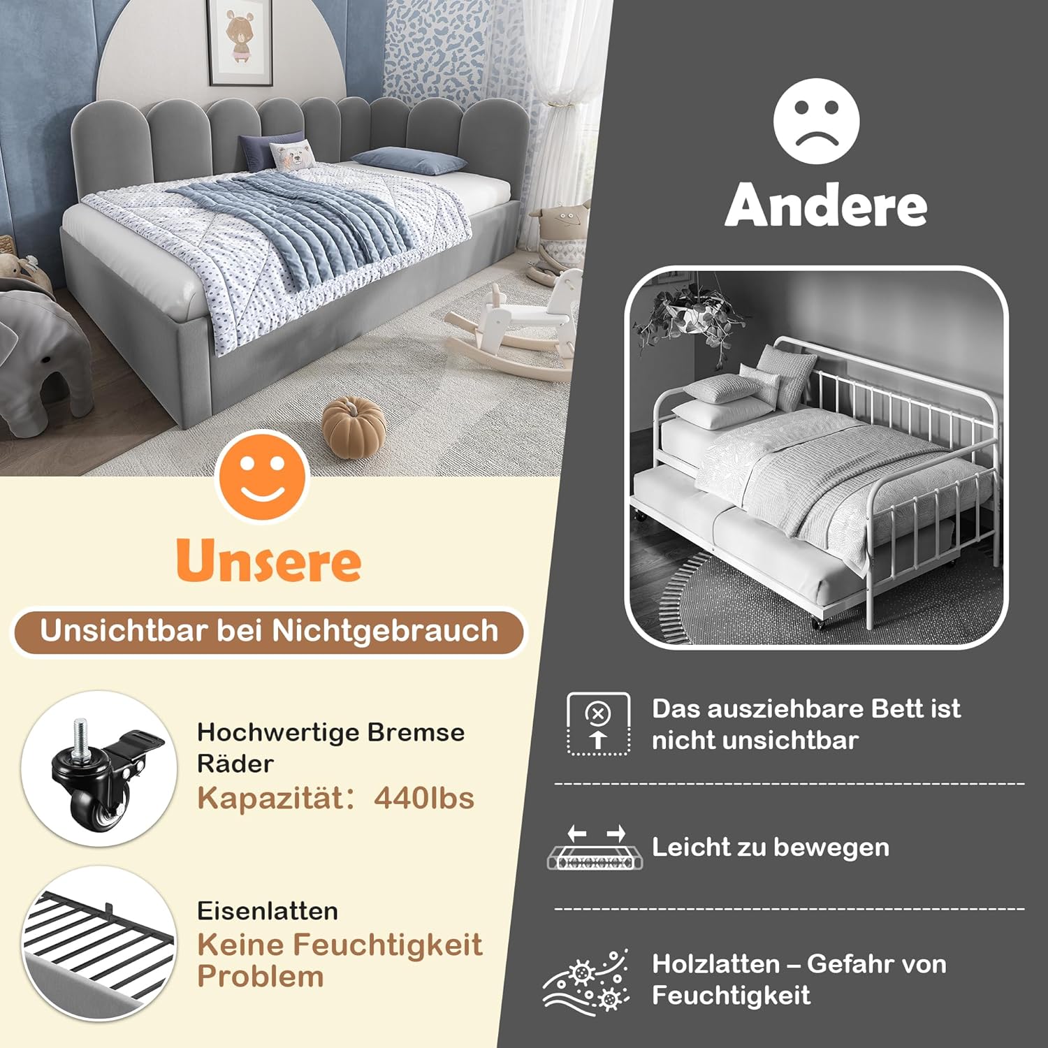 Merax Polsterbett Daybett 90x200cm, Tagesbett mit Ausziehbett, Doppelbett Gästebett Jugendbett, Kinderbett mit Lattenrost, Schlafsofa, Samt, Grau, ohne Matratze