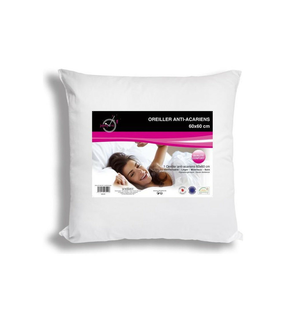 Oreiller confort anti-acarien - polyester - 60x60 cm - blanc