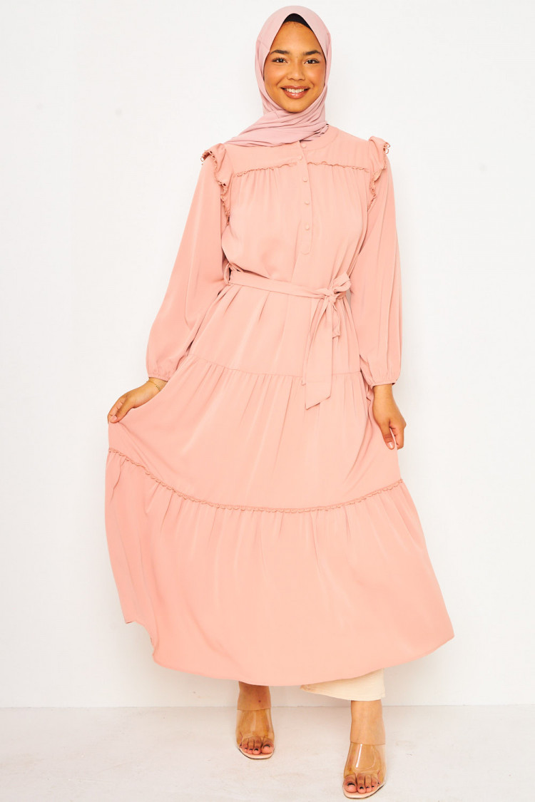 Abaya longue rose à détails crochet