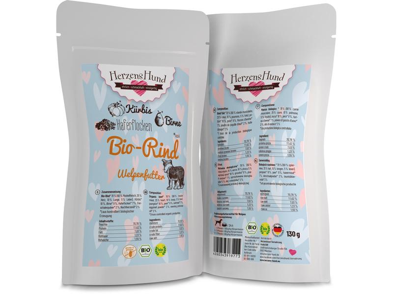 HerzensHund Nassfutter Welpe Bio-Rind mit Bio-Kürbis, 130 g Premium Bio-Ergänzungsfuttermittel für Welpen