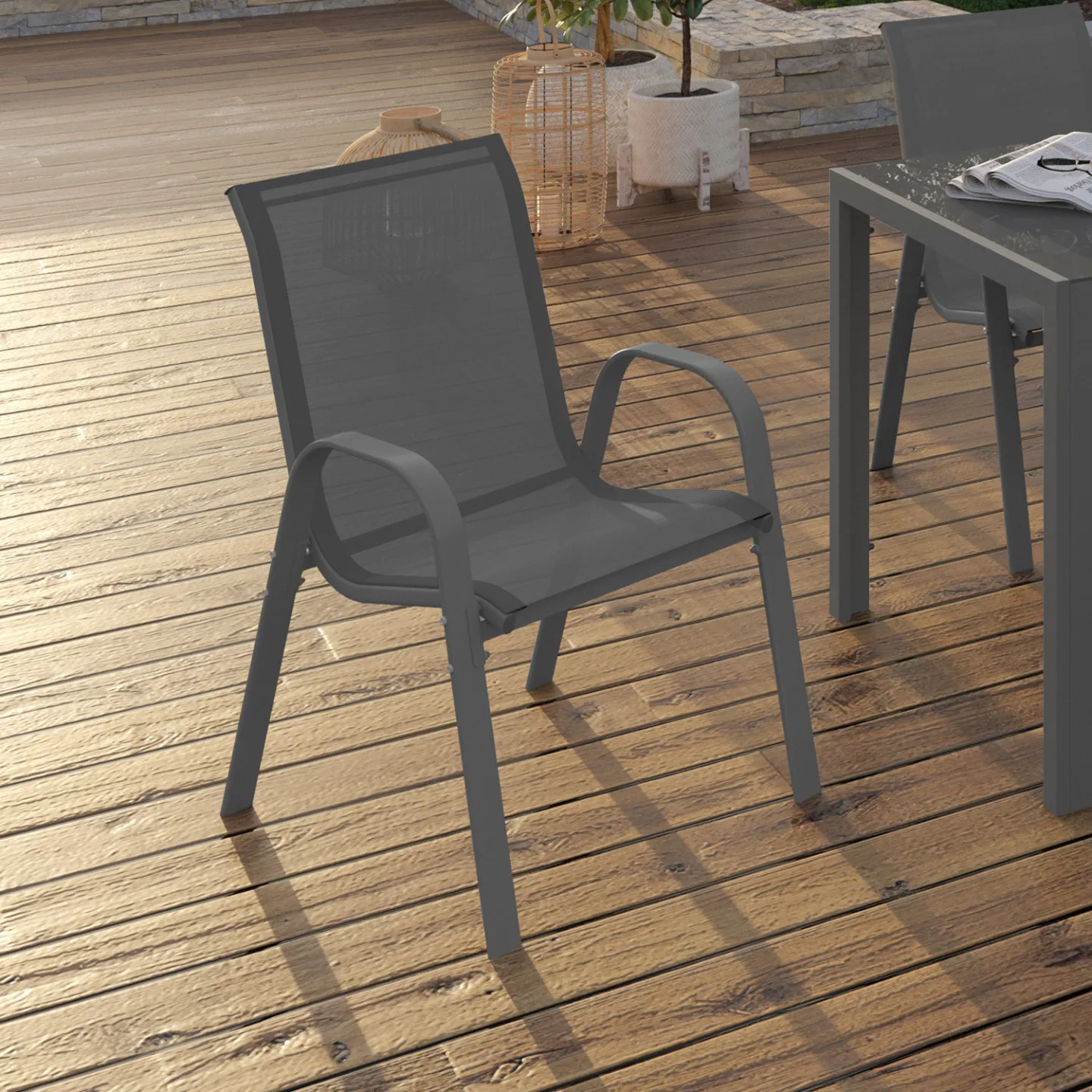 Lot de 6 chaises de jardin LYMA métal et textilène empilables gris anthracite