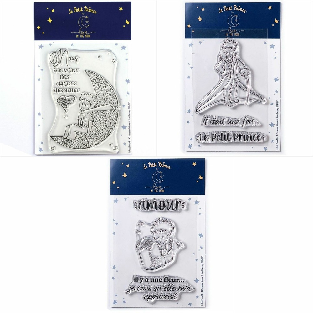 7 tampons transparents le petit prince et la lune + messages + fleur