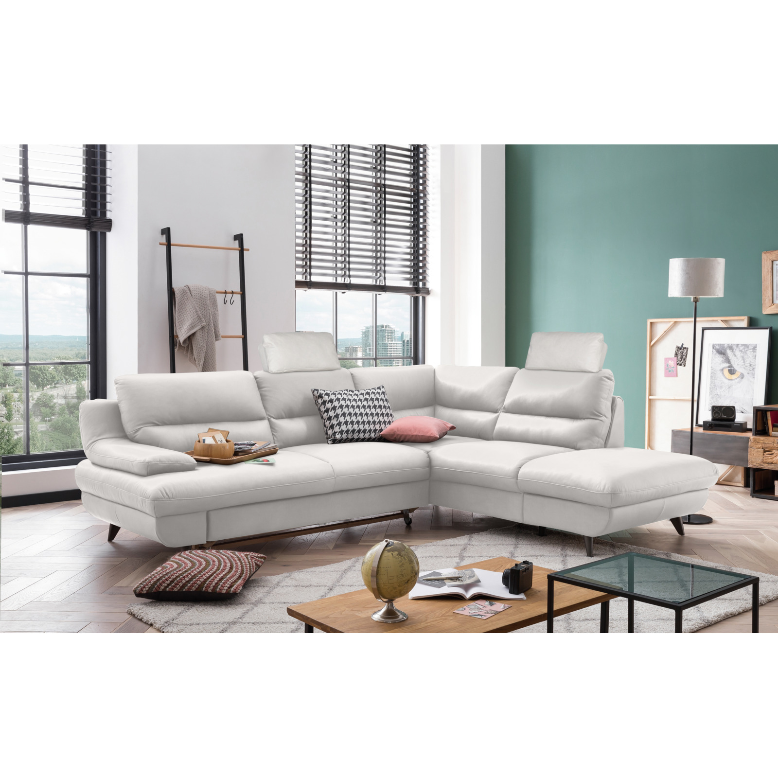 Ecksofa Pike Leder, Ottomane rechts bianco