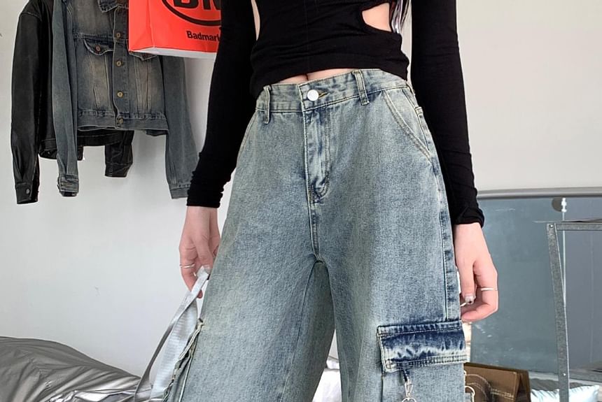 Kenning - Mid Rise Washed Wide Leg Cargo Jeans