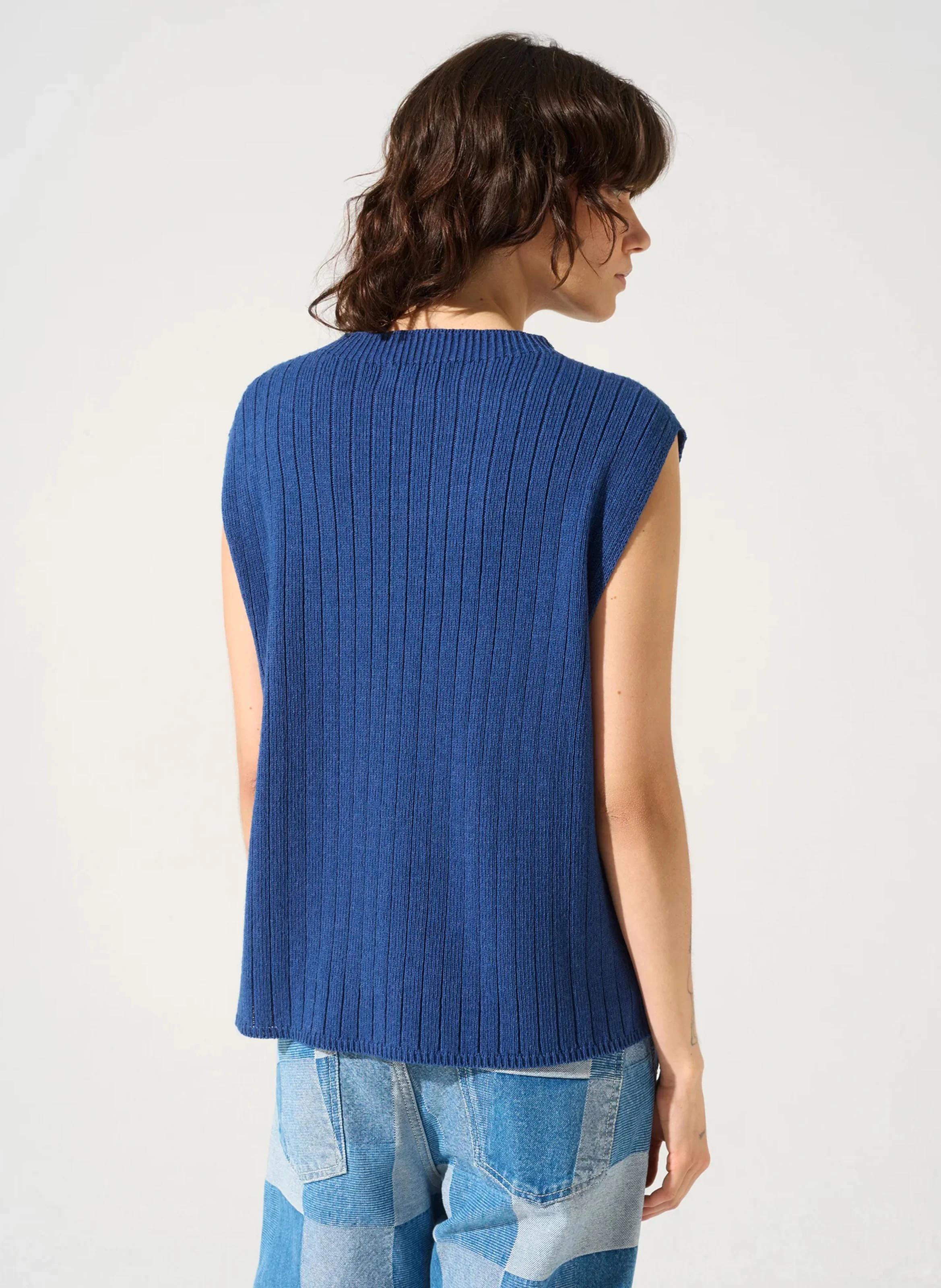 TRACY - Pull col rond droit en coton et laine mélangé | Bleu