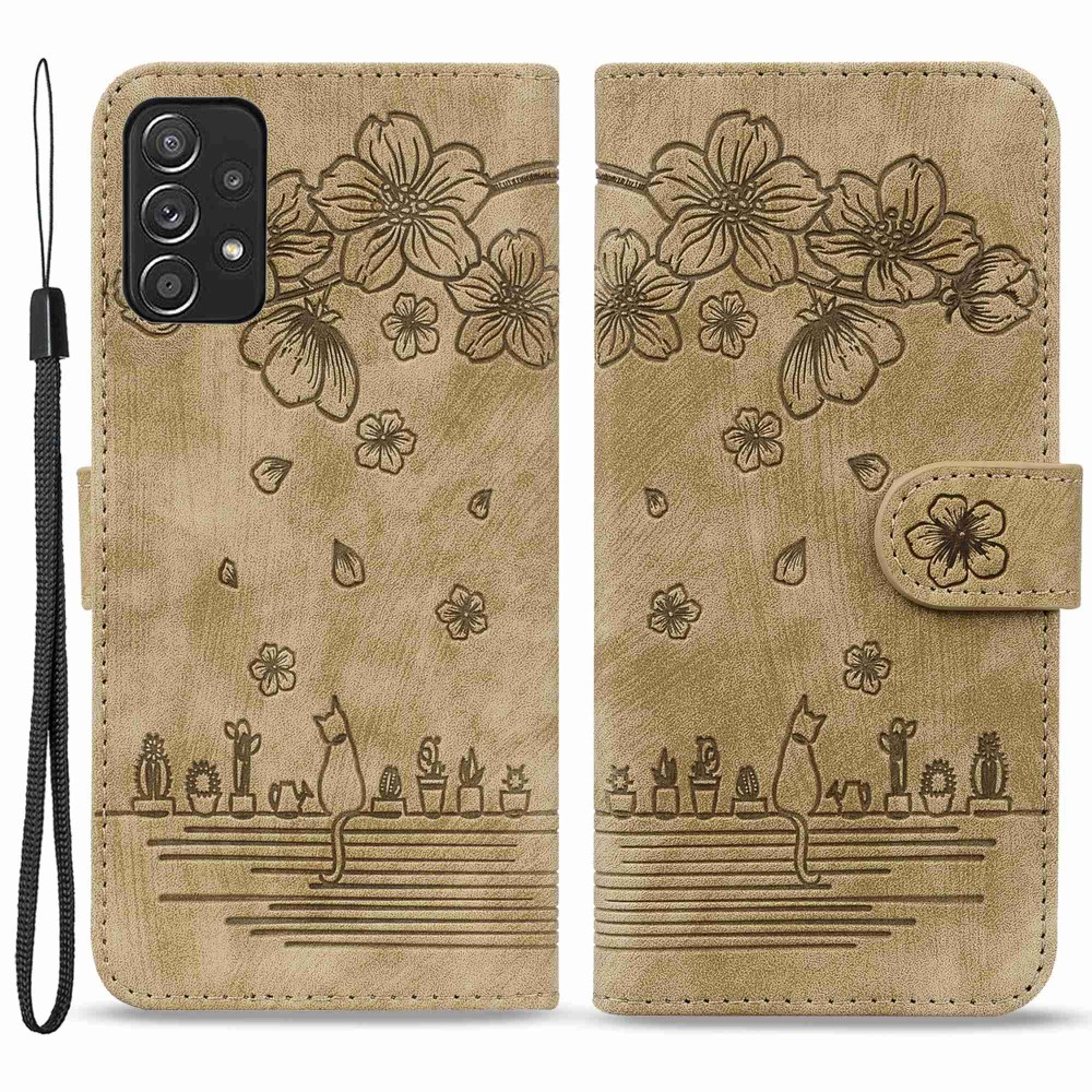 Samsung Galaxy A53 5G Leder Tasche Flip Cover Katze & Blumen Imprint - Braun