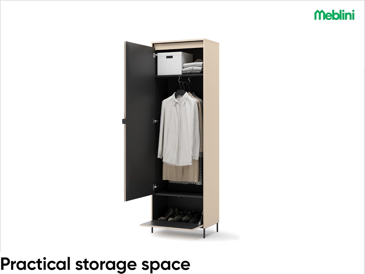 MEBLINI Garderobe Flur Möbel Set mit LED - Garderobenschrank Flur mit Spiegel - Garderobe Schrank - Flurgarderobe - Flurschrank hoch - Trend - Beige/Schwarz
