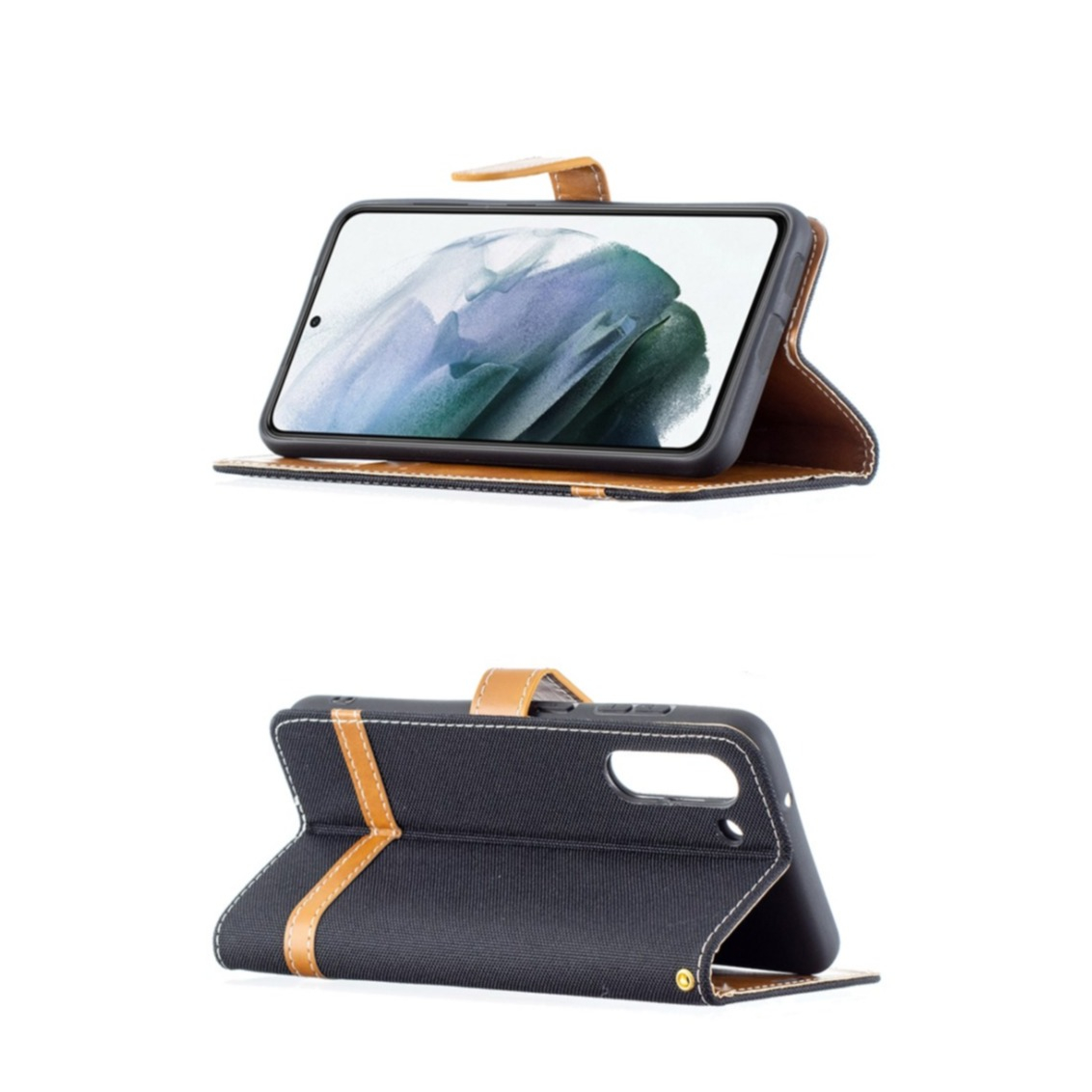 Samsung Galaxy S21 FE 5G Stoff Tasche im Jeans Look mit Kartenfach   Magnetverschluss - Schwarz / Braun