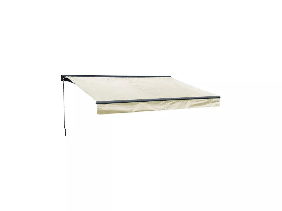 Store banne SAULE 2,95 × 2,5m avec semi-coffre - Toile beige et structure grise - HAPPY GARDEN