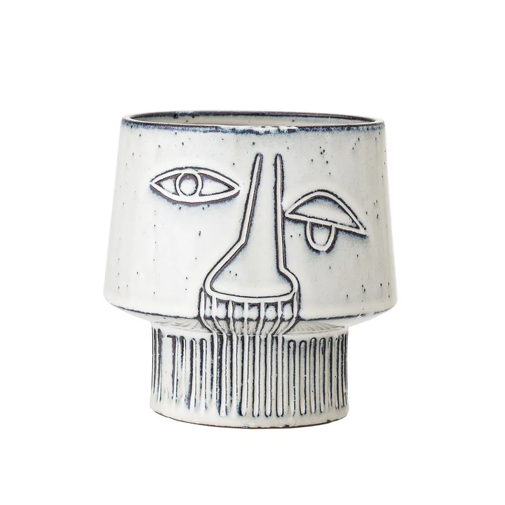 Bloomingville - Steingut Übertopf mit Gesicht, Ø 15 x H 14,5 cm, grau