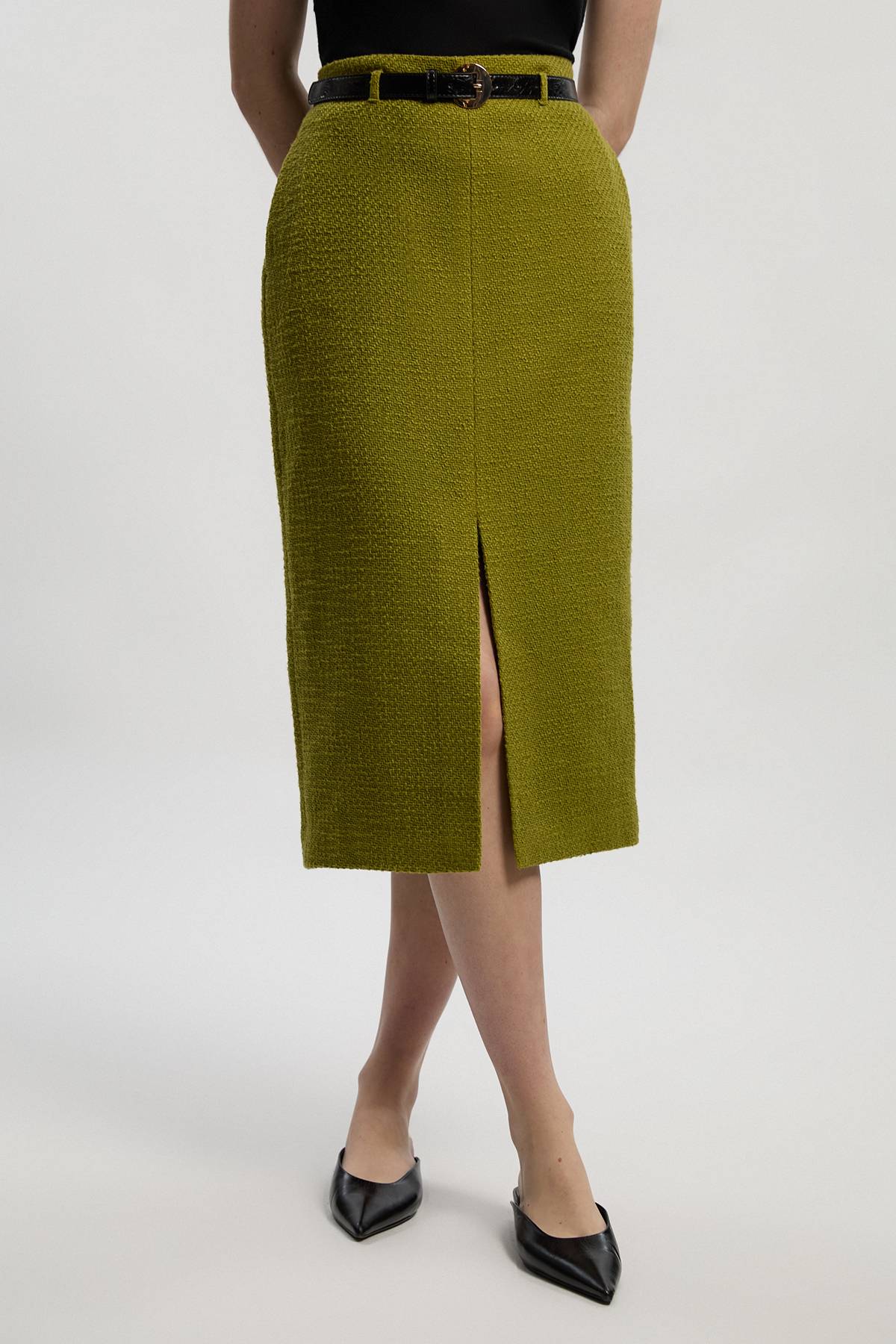 KarenMillen Jupe Crayon Ajustée en Tweed Texturé avec Ceinture