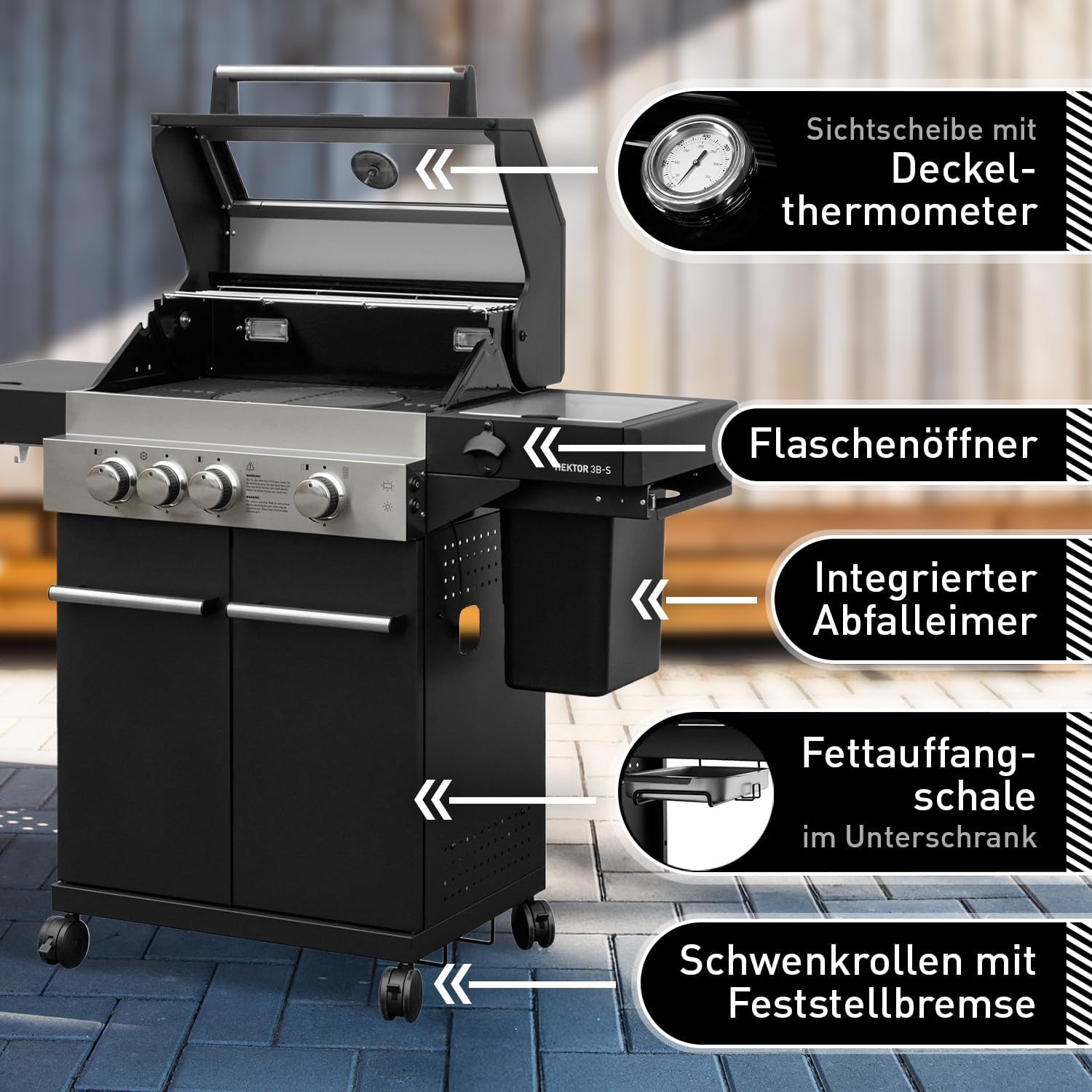 Gasgrill Hektor 3B-S inkl. Drehspieß, Abdeckhaube - All Inclusive mit 4 Grill-Utensilien - 3 Brenner, Sear-Brenner, Gusseisenroste, Seitenkocher für Garten und Terrasse