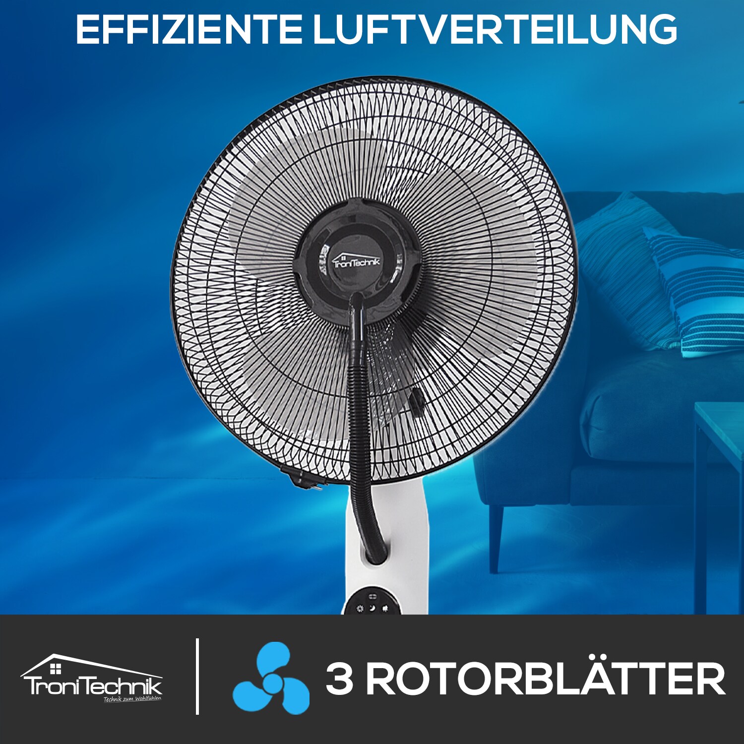 TroniTechnik® Standventilator mit Wasser, Ventilator mit Wasserkühlung Sprühnebel Raumbefeuchter 75W