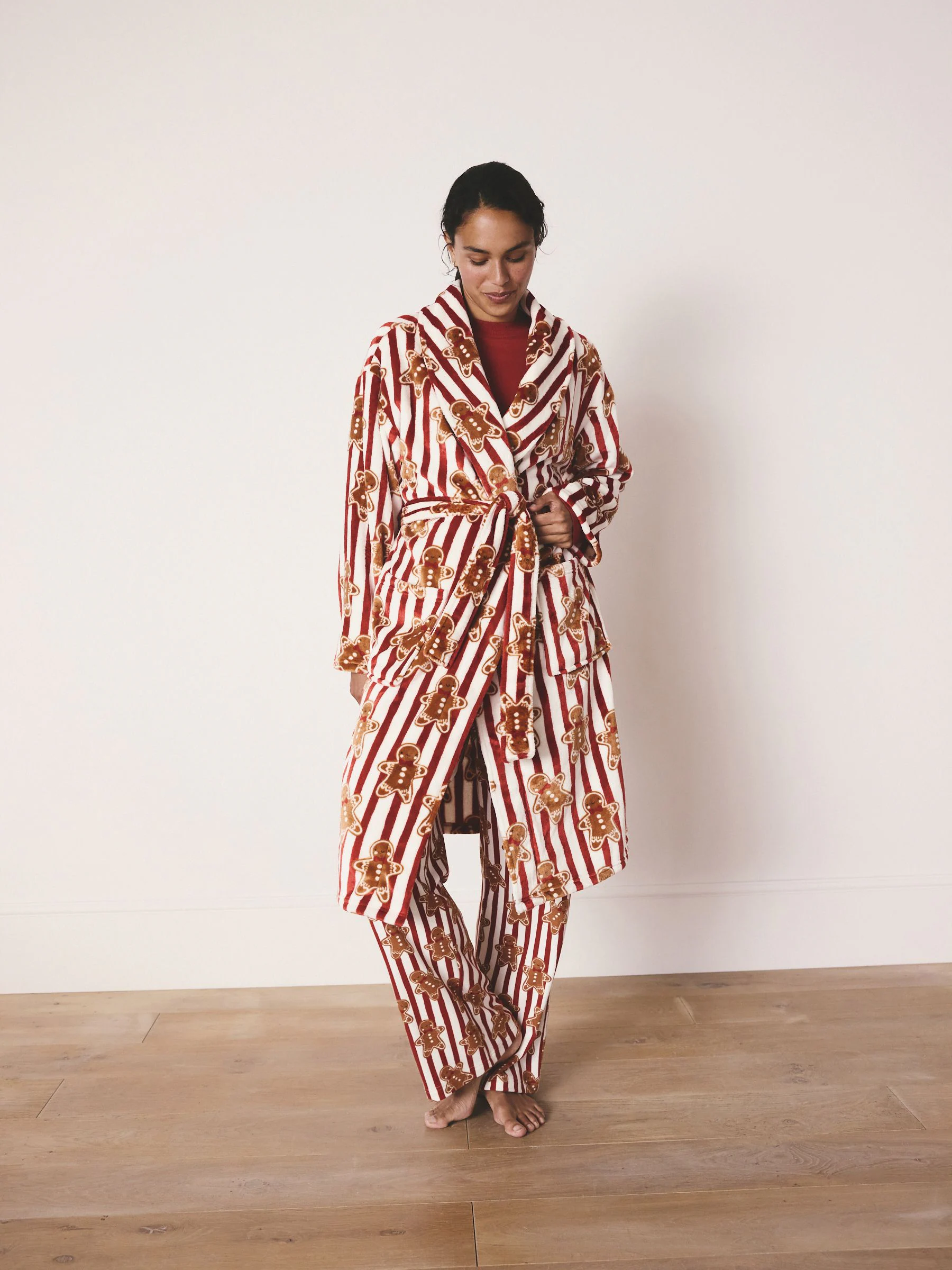 Rood met peperkoekprint - Bijpassende Familie Kerstmis Behaaglijke Fleece Badjas