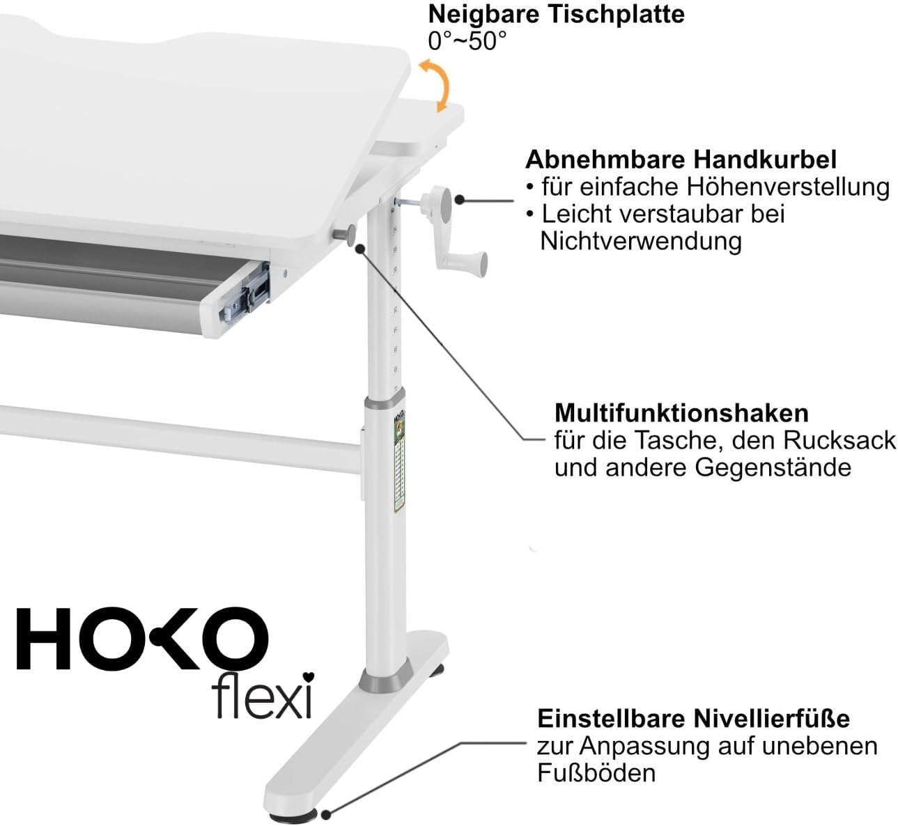 HOKO Kinderschreibtisch Höhenverstellbar, Schreibtisch Kinder 120x60 cm, Kinderschreibtische Kinder ab 6 Jahren, Neigbare Tischplatte mit Schubladen, Verstellbar 54-76cm (Weiß, ELIN)