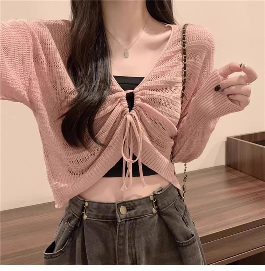 SUGARUS - V-hals effen geplooide crop top met trekkoord / effen camisole
