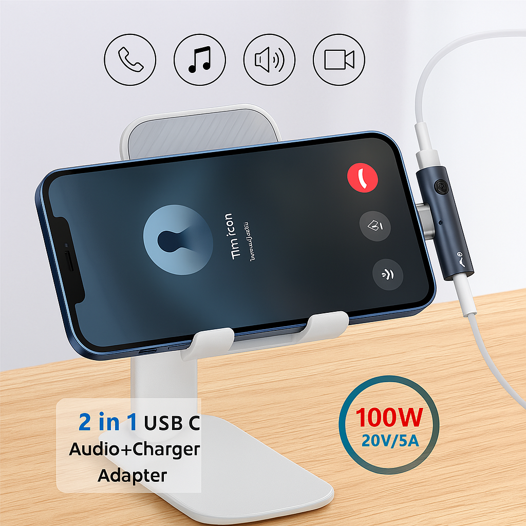 (10cm) USB C auf 3.5mm Audio DAC AUX Anschluss und USB C Port Nylon Kabel mit PD 100W - Grau
