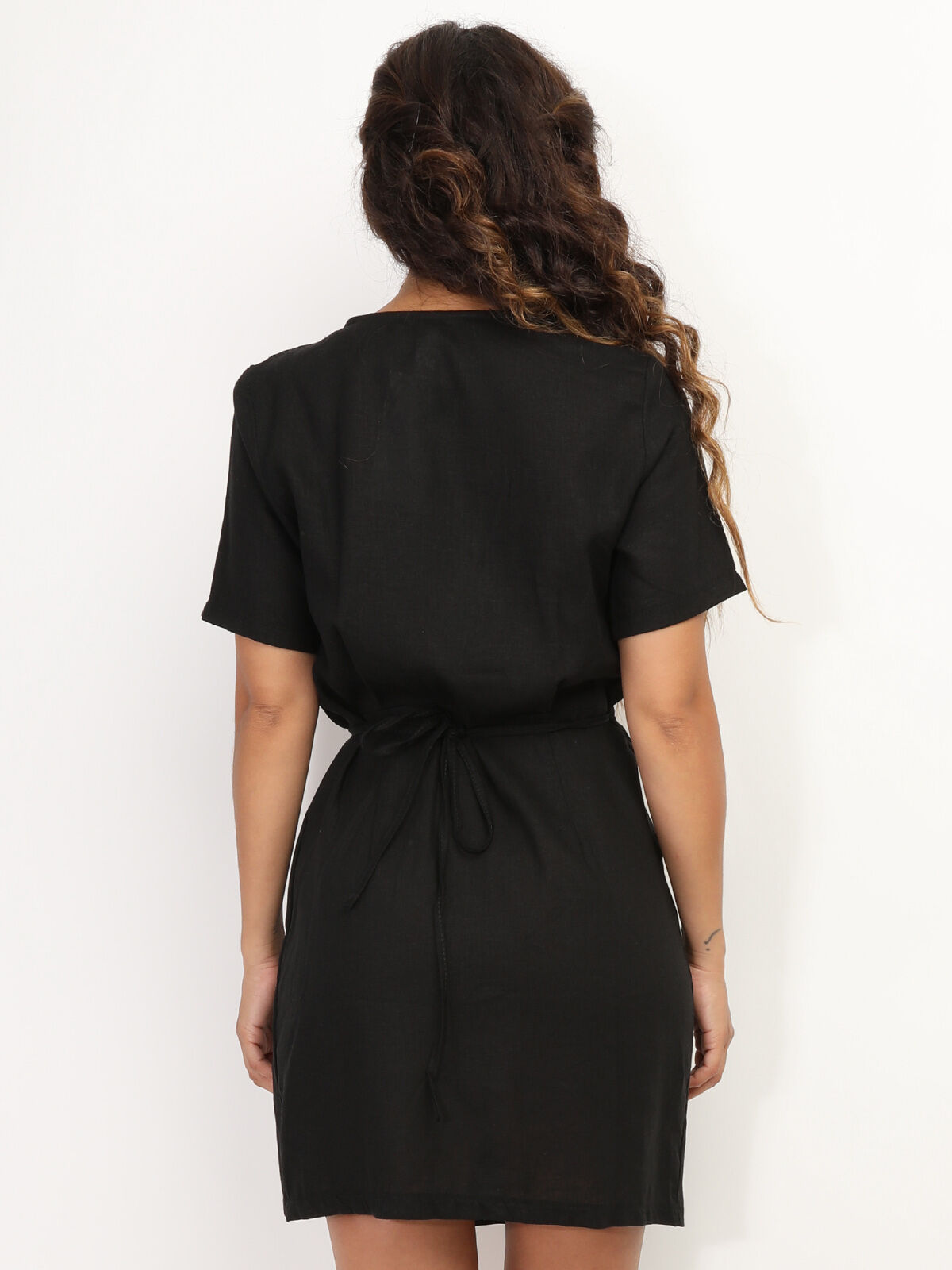 Robe portefeuille en lin- Noir