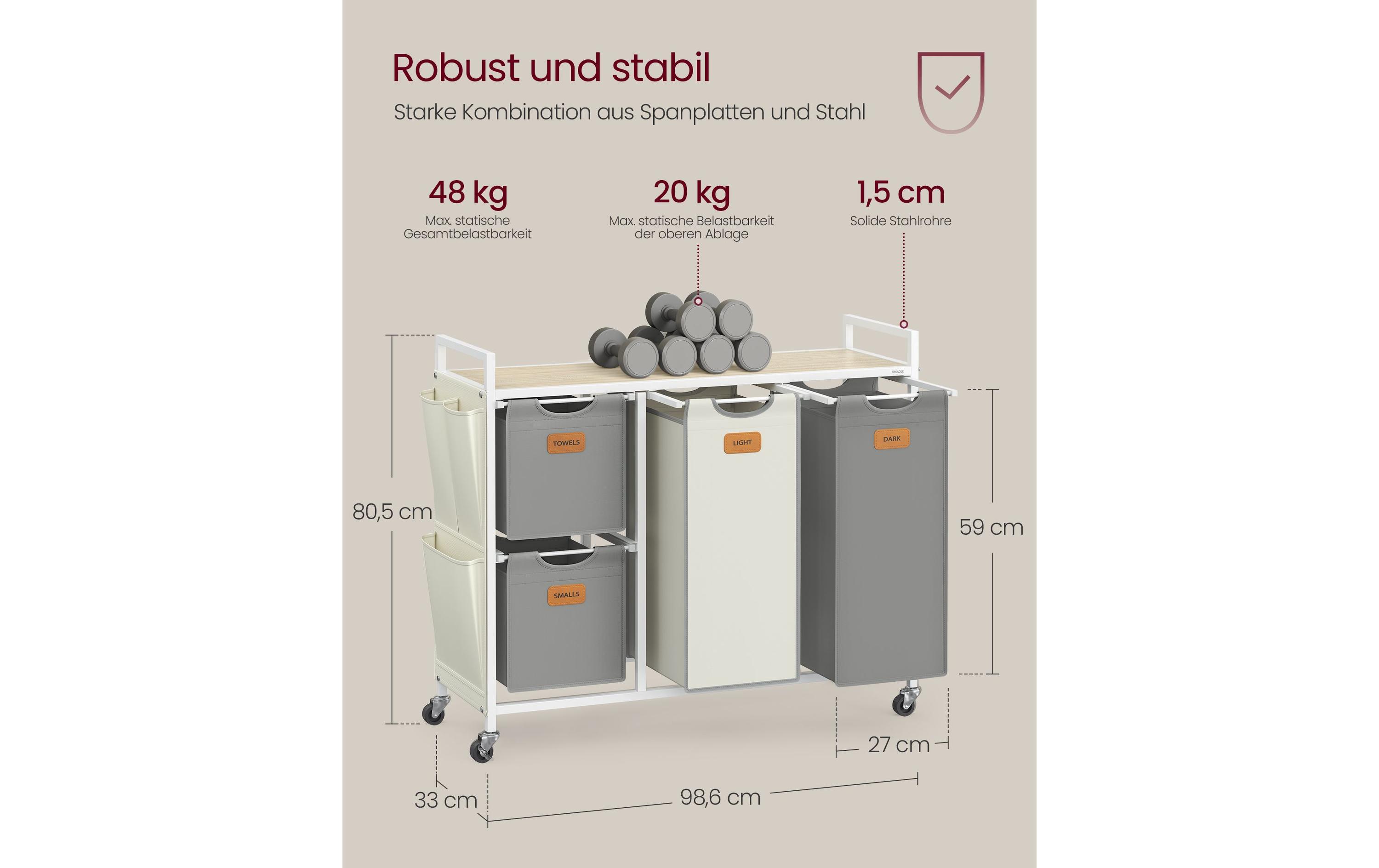 Wäschekorb mit 4 Körben 150 l, Beige/Taubengrau/WeissWäschesammler