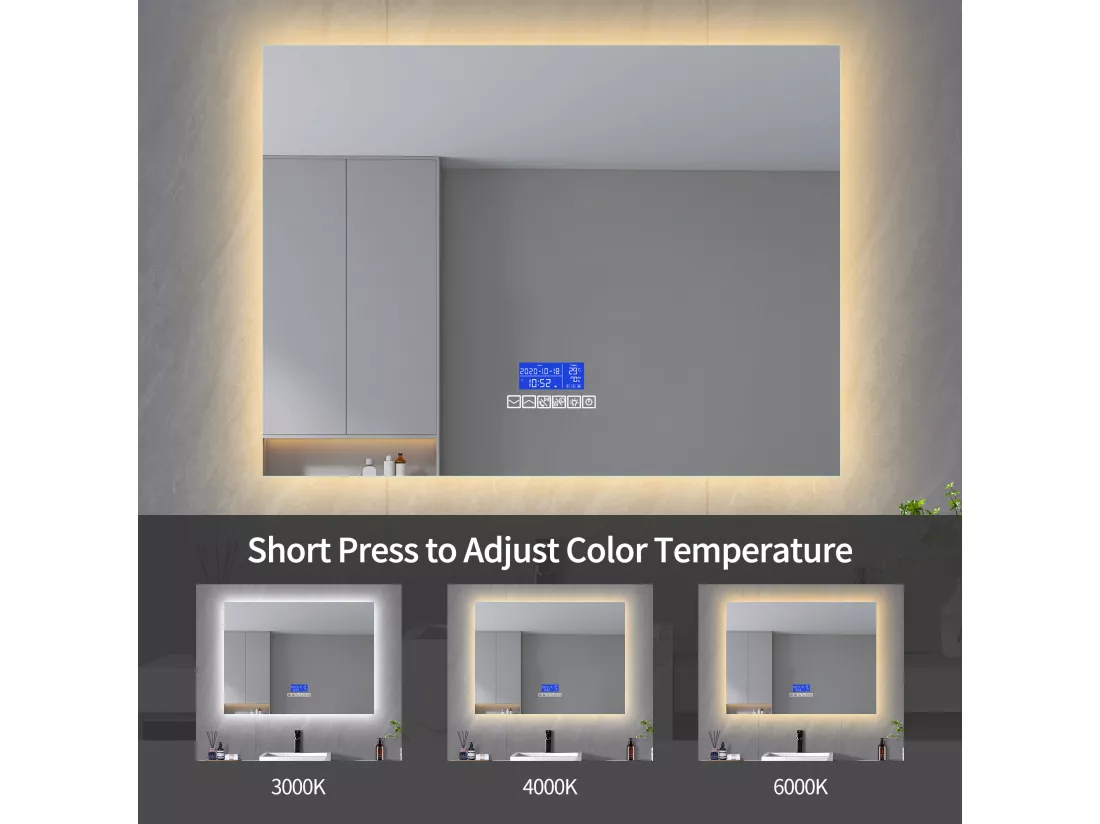 Miroir Salle de Bain avec Éclairage - 120 x 60 cm - Miroir LED Salle de Bain - avec Tactile, Anti-buée, Bluetooth, Horloge, Température, Dimmable