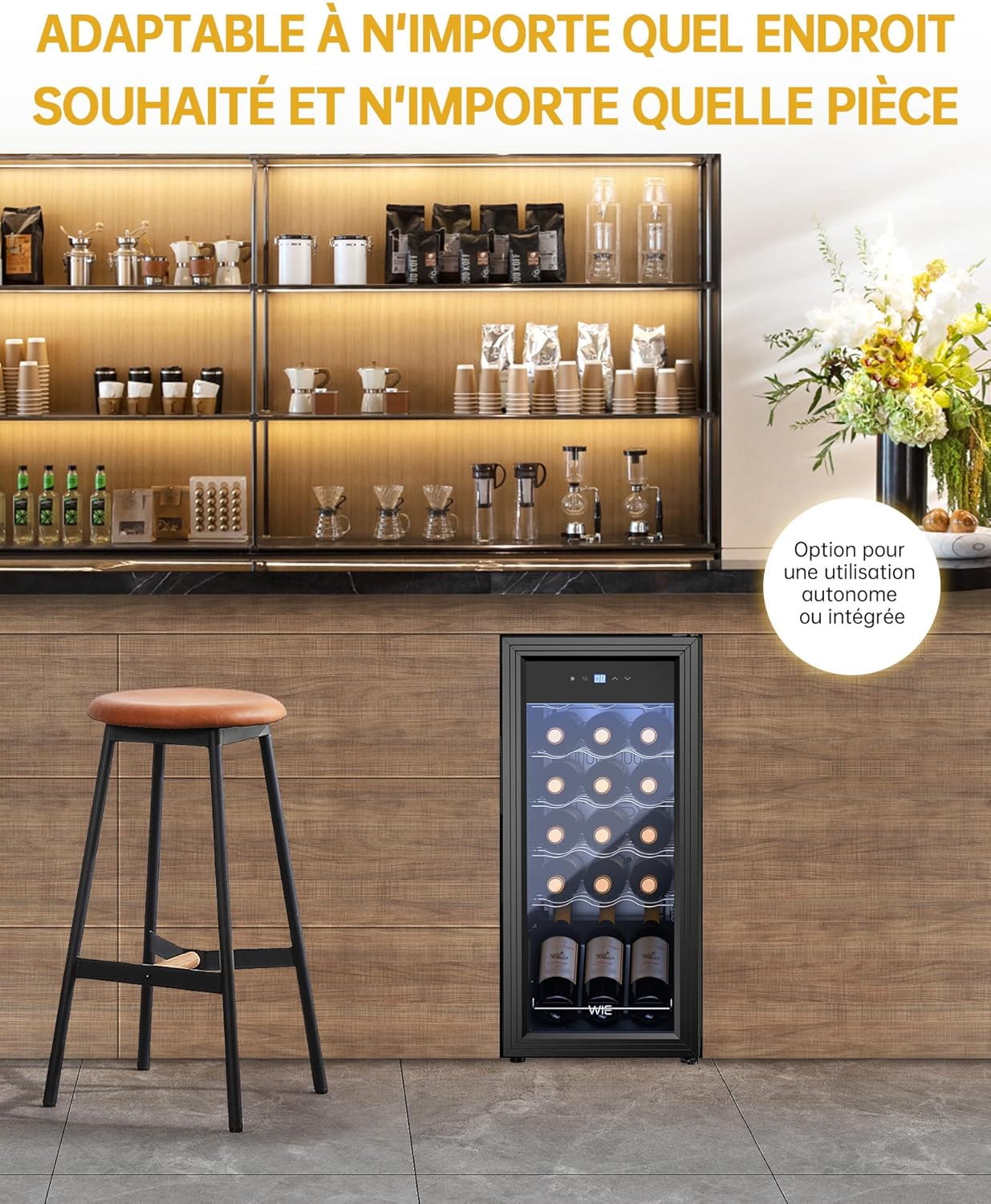WIE Cave à Vin Réfrigérée 18 Bouteilles 53 Litres Réfrigérateur à Vin et Boisson Témpérature 5°C – 18°C Panneau Tactile