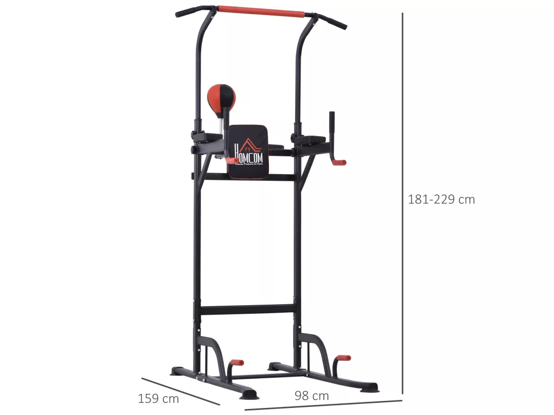 Station de traction musculation multifonctions punching ball chaise romaine hauteur réglable acier noir rouge