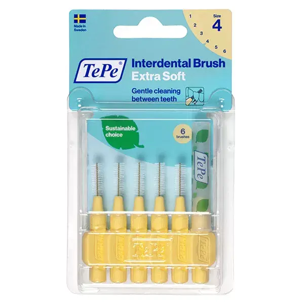 Escova interdental TePe Extra Macia e Ecológica, Amarelo Pastel, ISO 4 / 0,7 mm, 6 unidades.