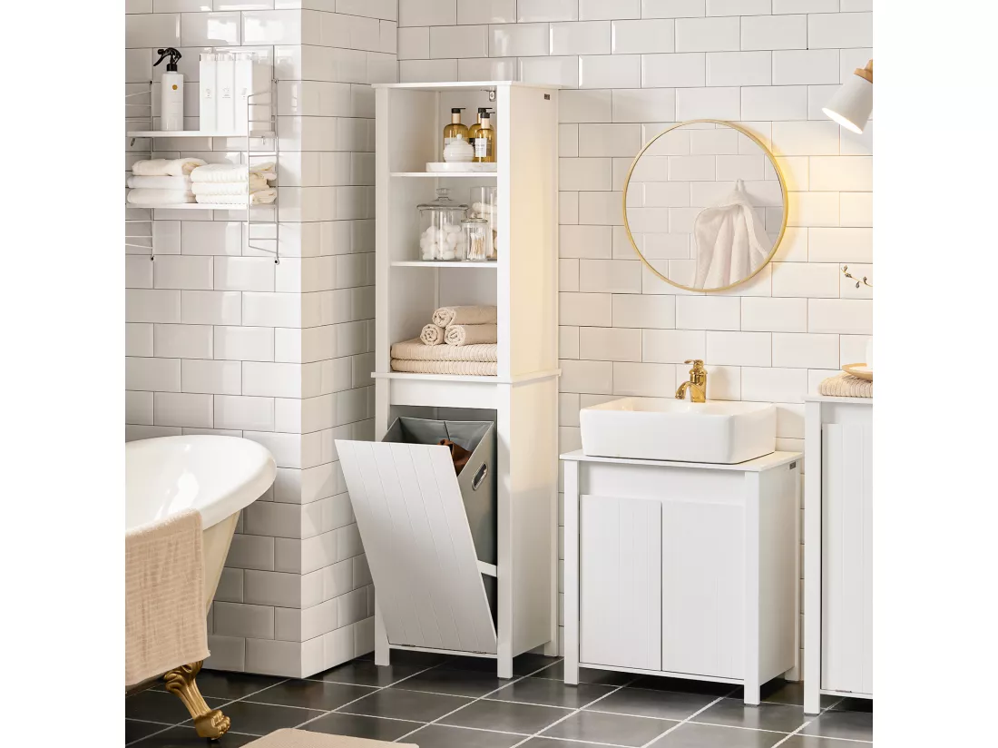 SoBuy BZR102-W Meuble Colonne de Salle de Bain, Armoire Haute, Colonne de Rangement, Meuble Salle de Bain, 3 Étagères, 1 Panier à Linge Amovible