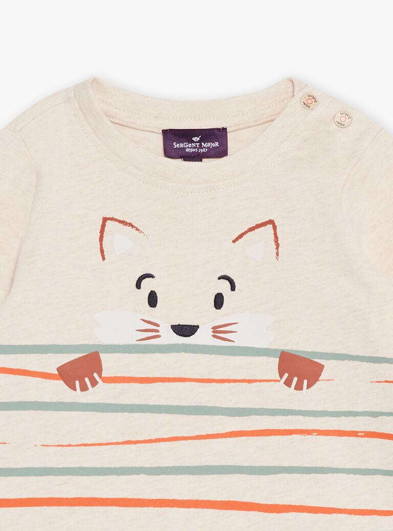 T-shirt beige chiné à manches longues à motif renard
