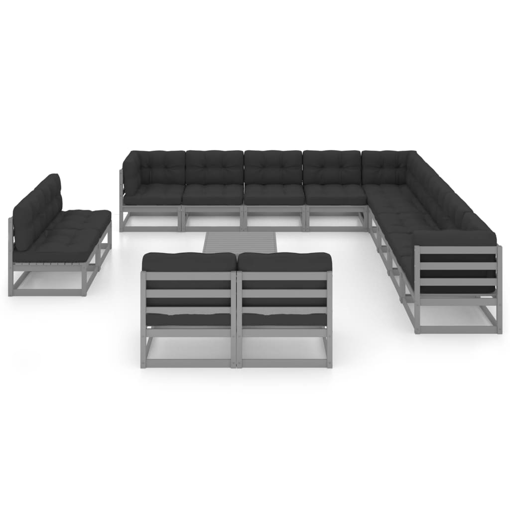 Salon de jardin meuble d'extérieur ensemble de mobilier 14 pièces avec coussins gris bois de pin massif