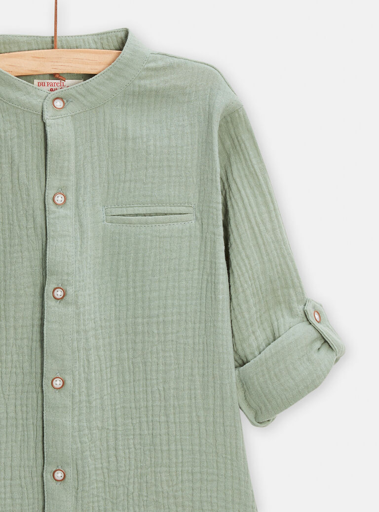 Chemise col mao vert d'eau en gaze de coton pour garçon