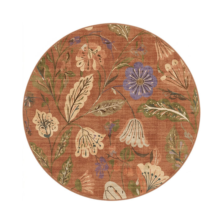 Rond wasbaar vloerkleed - Misty Flowers Terracotta | Wasbaar