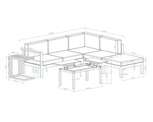 Destiny 4-zits loungeset bestaande uit: 1 hoekmodule, bijzettafel, tafel inclusief kussens, aluminium antraciet