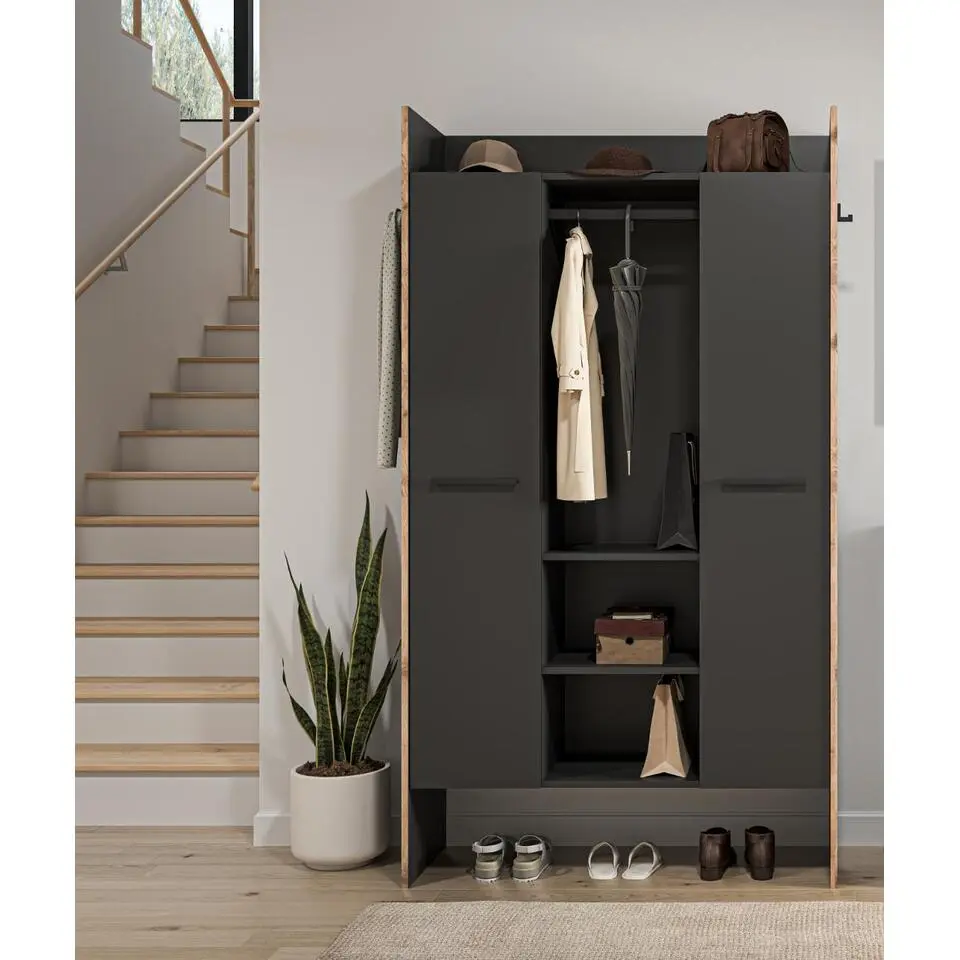 Hioshop Bueno kledingkast 2 deuren- 1 lade- 3 planken en 2 haken donkergrijs
