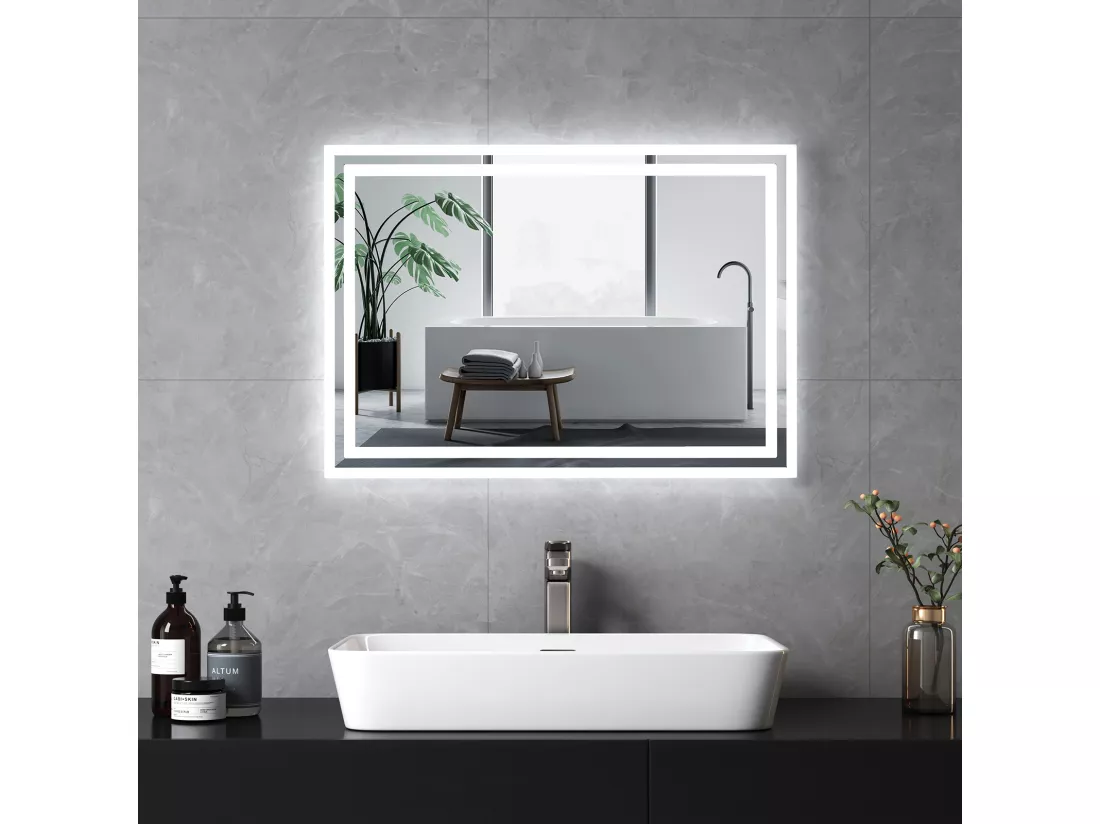 EMKE Miroir lumineux salle de bain 70x50cm, Miroir LED avec Interrupteur à bouton, Anti-buée, Miroir avec éclairage lumière Blanche Froide/Chaude