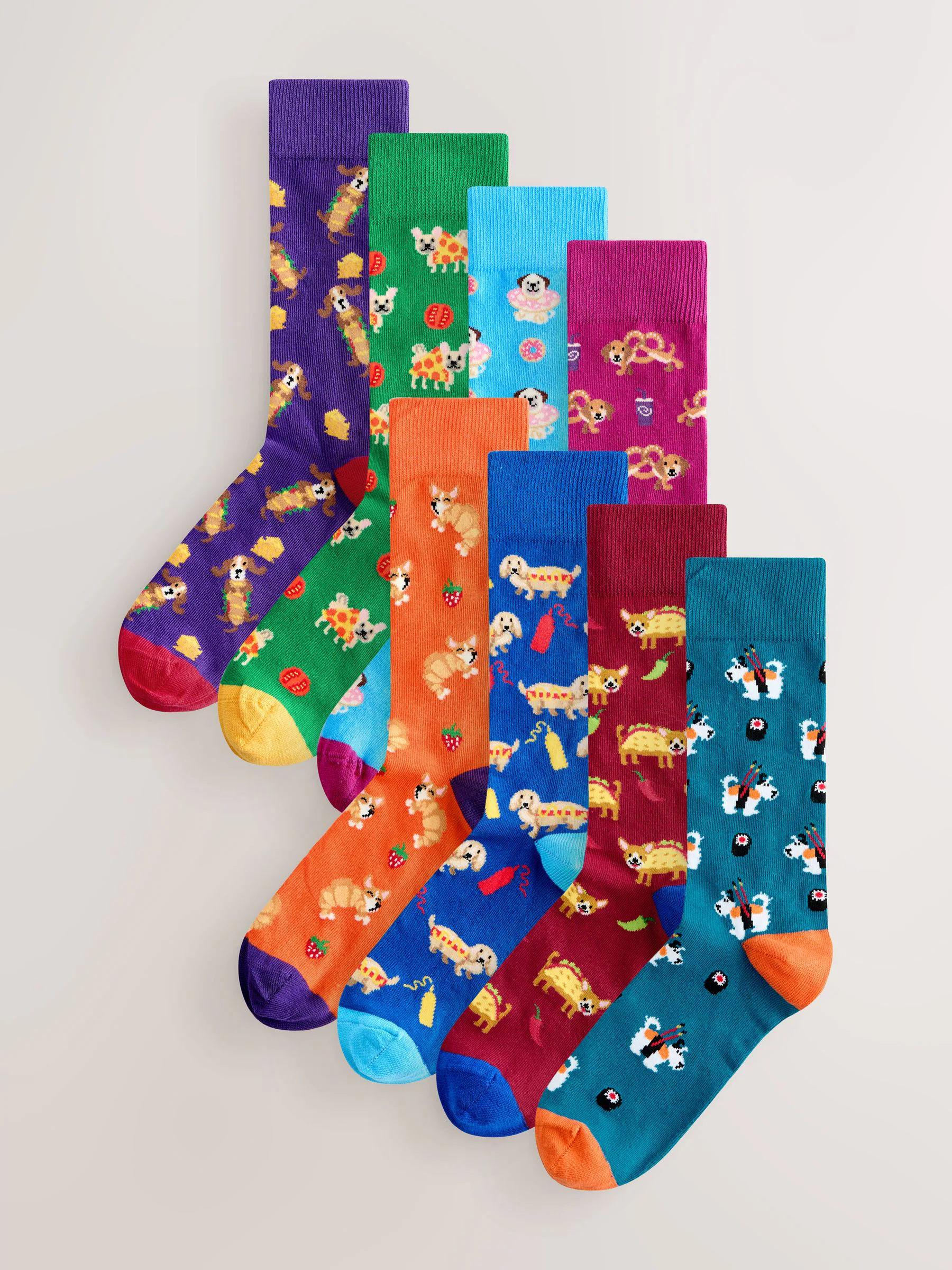 Blauw/groen/rood novelty hond - Set van 8 sokken met patroon