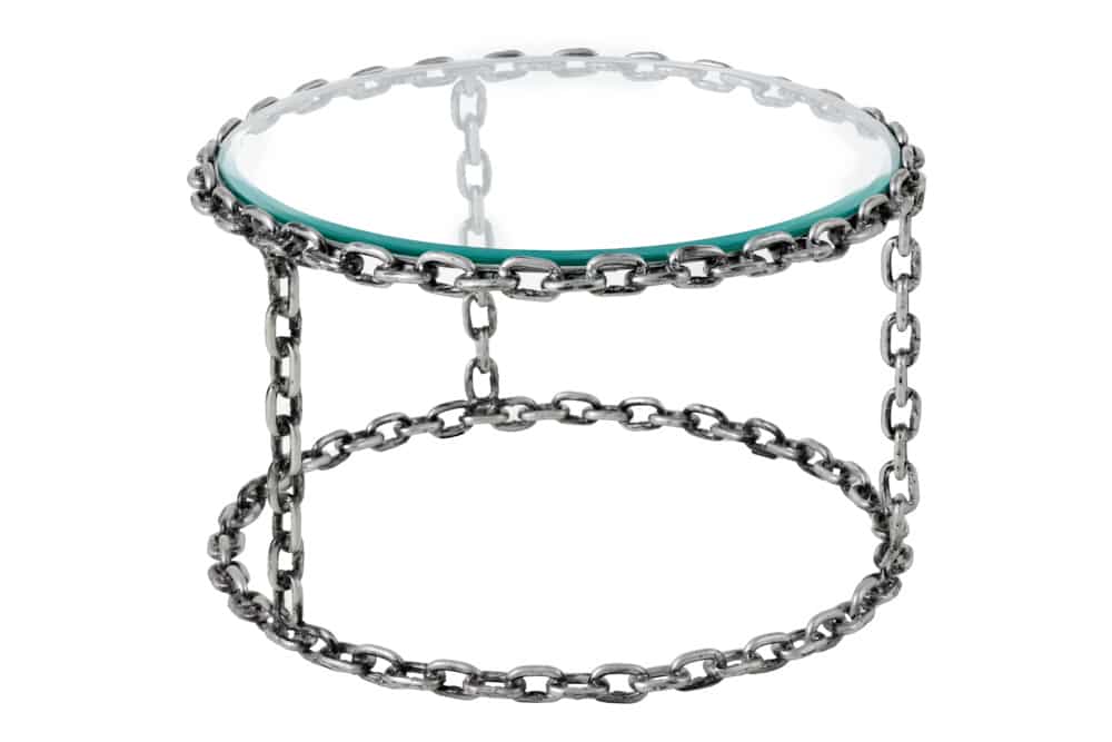 Design Couchtisch CHAINS 65cm silber handmade Metall rund Glasplatte Kettengestell