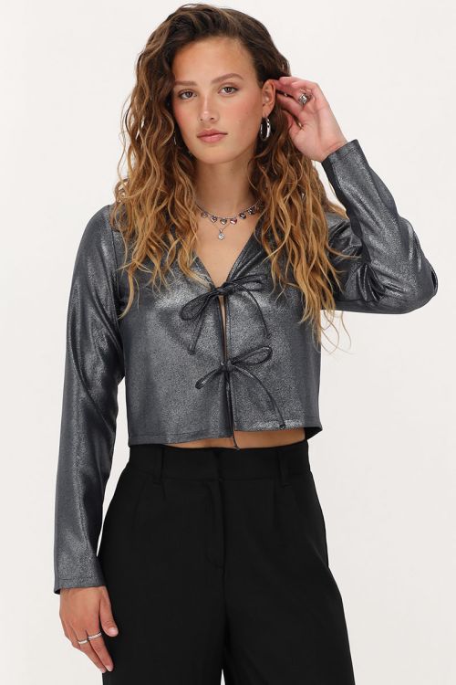 Donkergrijze top met lurex & strikjes
