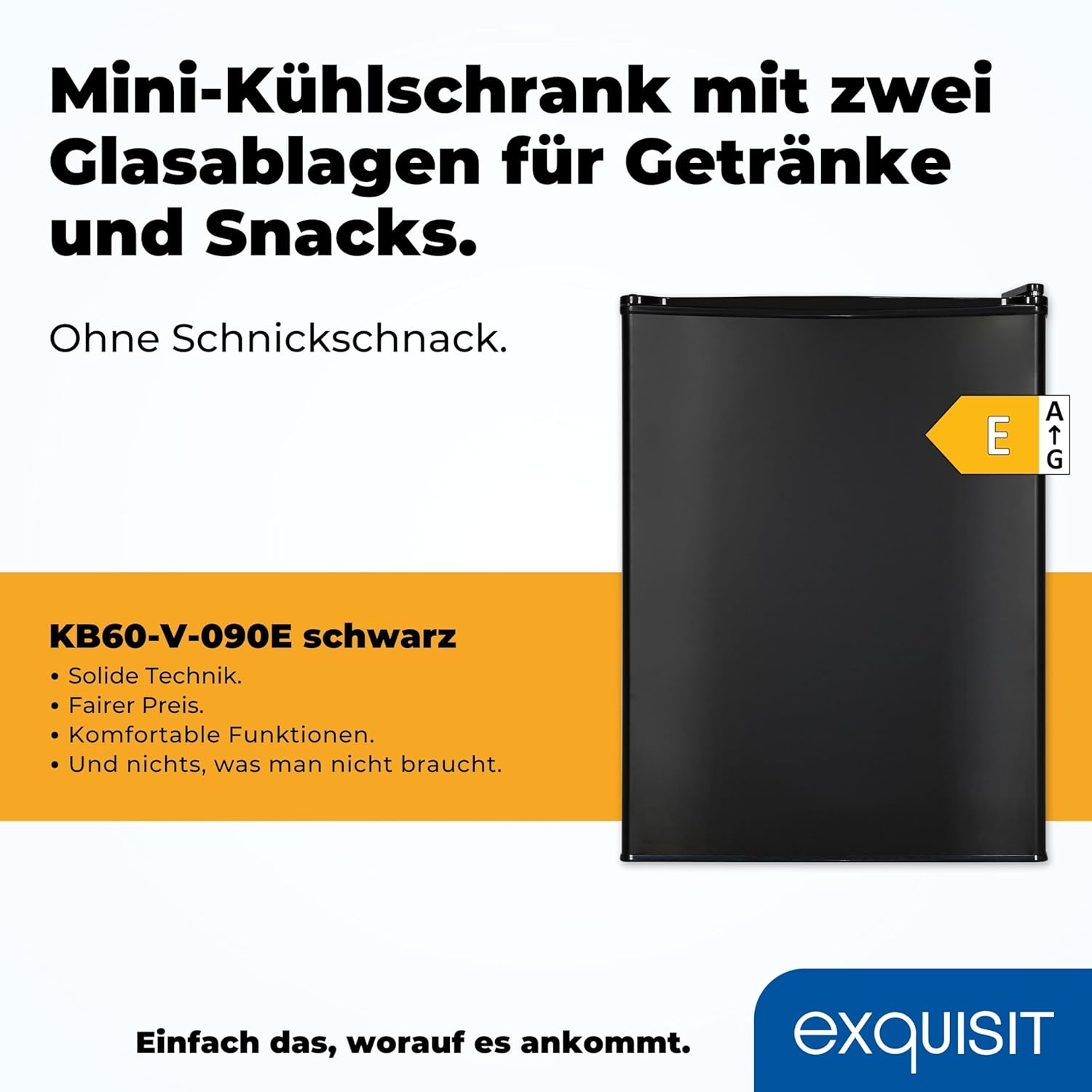 Exquisit Mini Kühlschrank KB60-V-090E schwarz | 52 l Nutzinhalt | LED-Innenbeleuchtung | Glasablagen | 45cm Breite