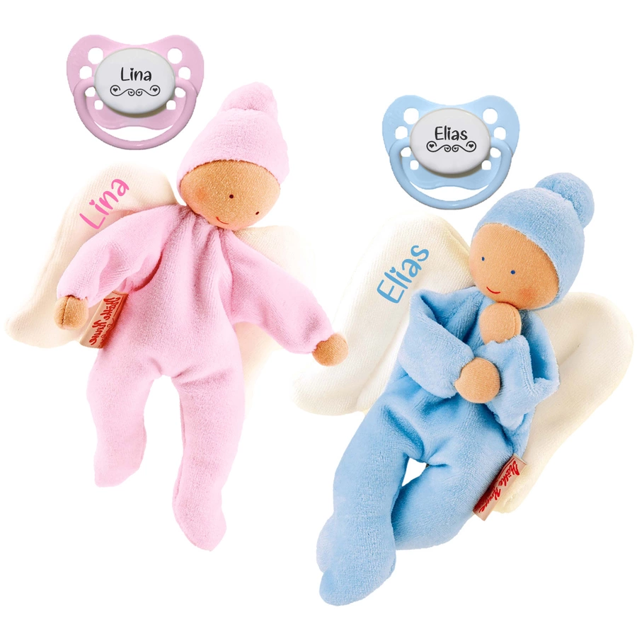Schnullireich Geschenkset Käthe Kruse Schmusepuppe Nickibaby Engel mit Namen + NIP Namensschnuller Blau