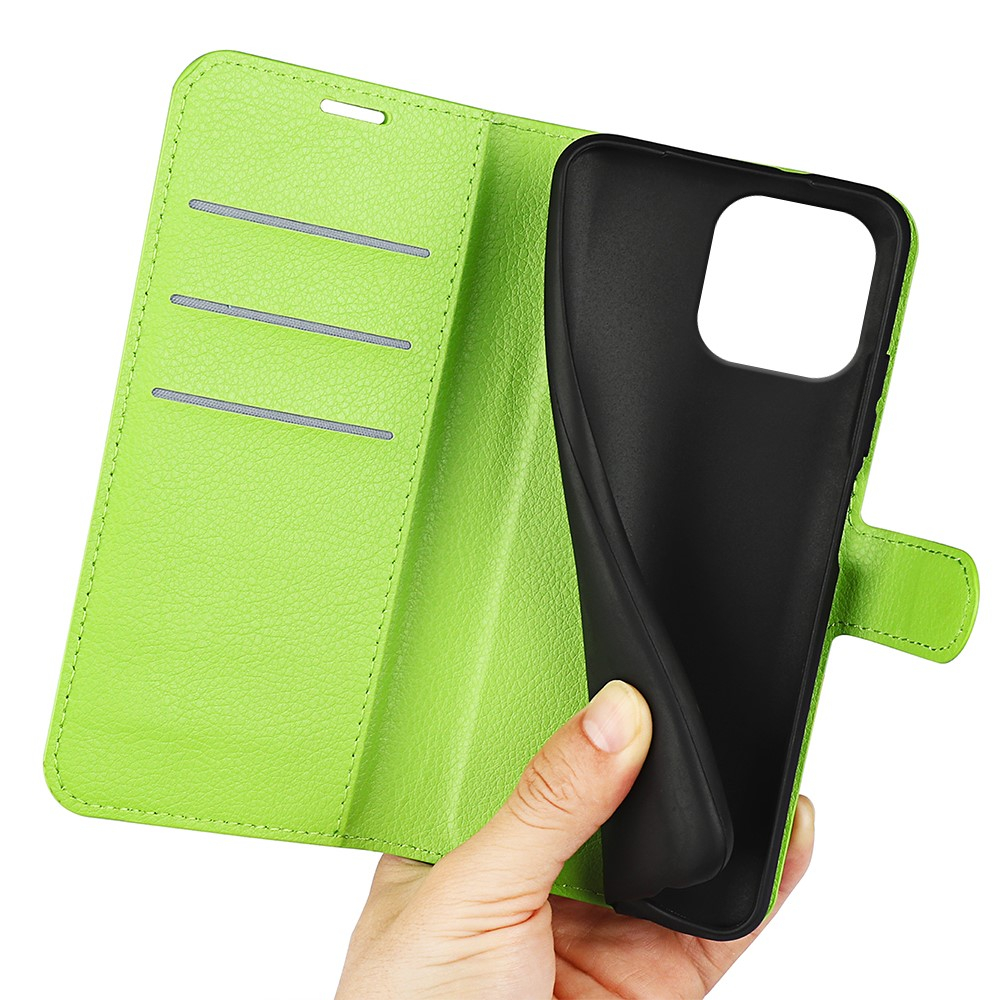 iPhone 16 Pro Leder Tasche Flip Cover Litchi Look - Grün
