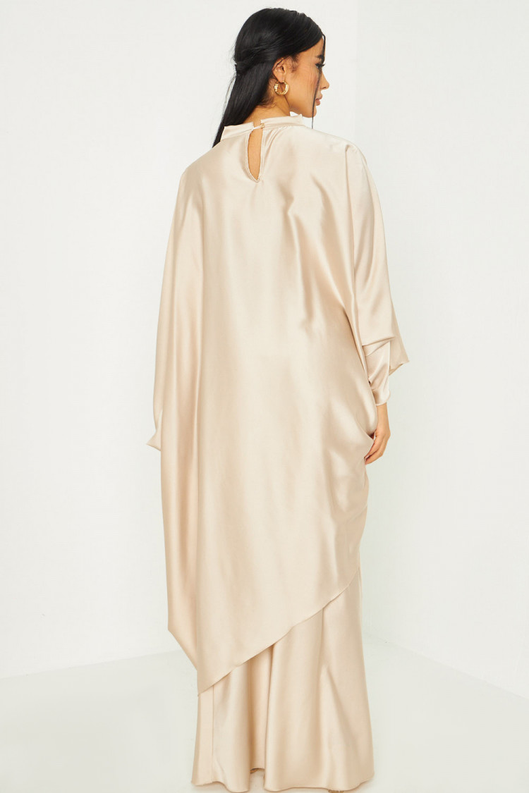 Ensemble 2 pièces tunique + jupe longue satiné beige