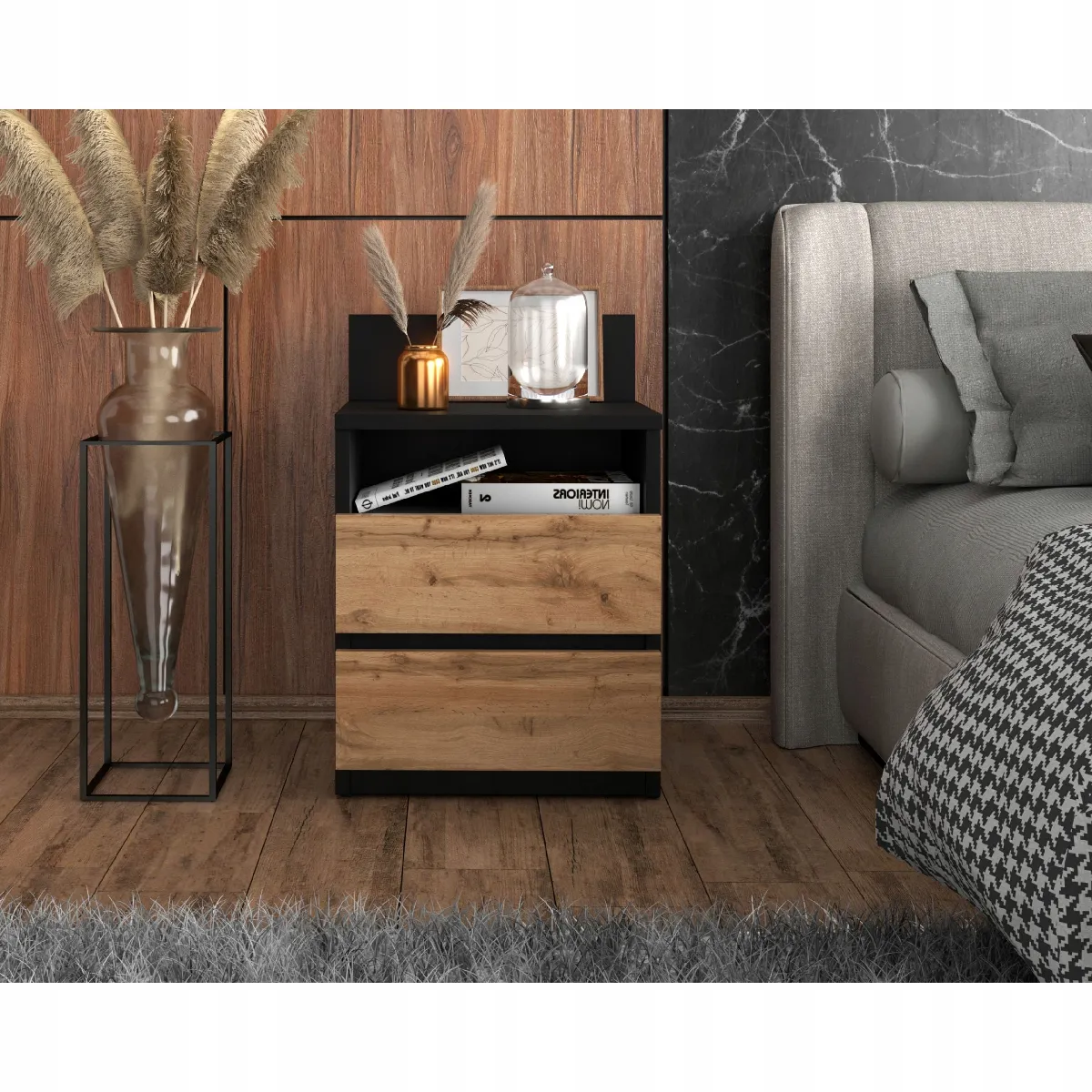 Table de chevet - Noir/Wotan - 2 tiroirs