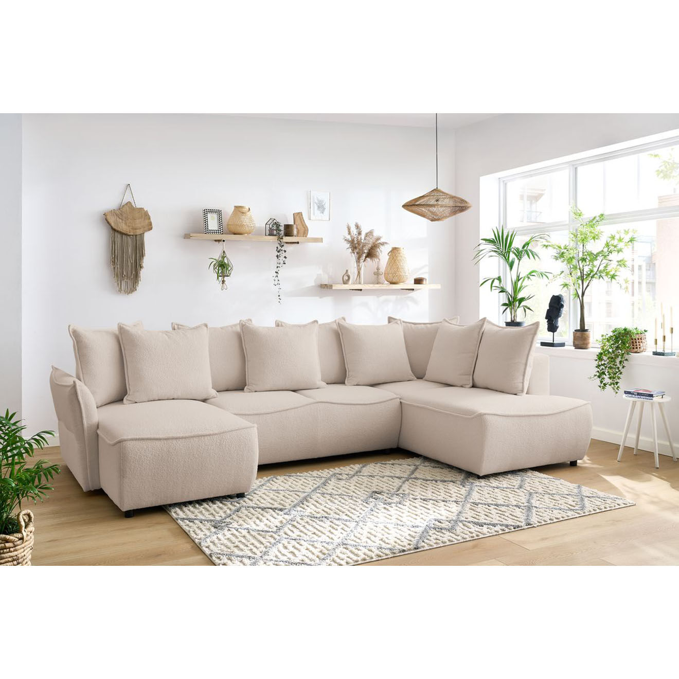 Bobochic Canapé panoramique convertible coffre d'angle gauche bouclette léon beige - 320x194x90 cm