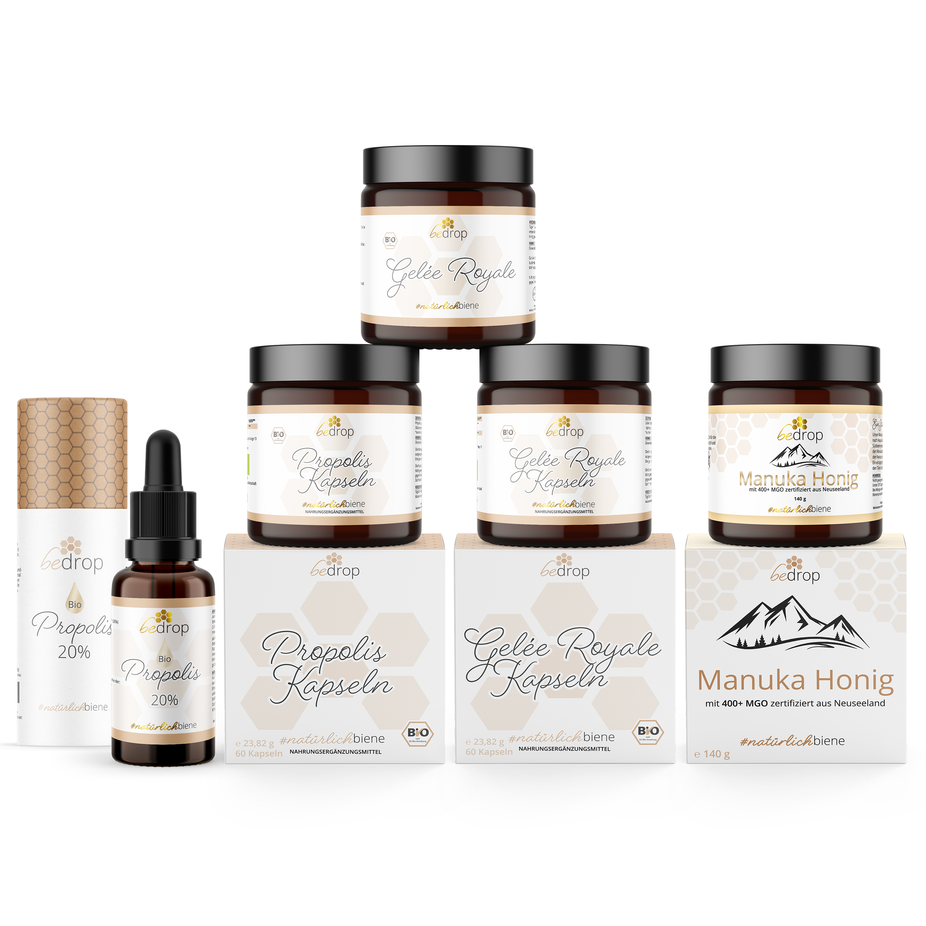 Das Allrounder-Set | Propolis Kapseln & 20% Tinktur + Gelée Royale Kapseln & pur/frisch + Manuka Honig