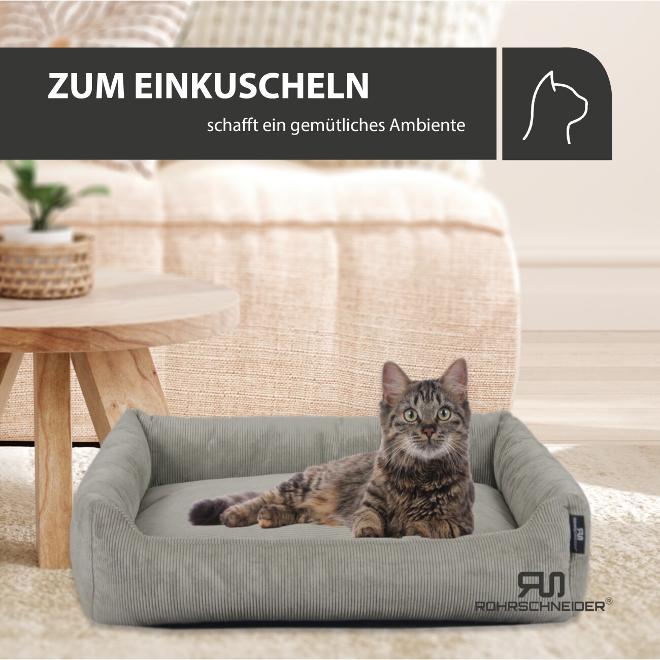 Rohrschneider ® Katzenbett waschbar mit Gratis-Beigabe, robuster Fein-Cordstoff grau