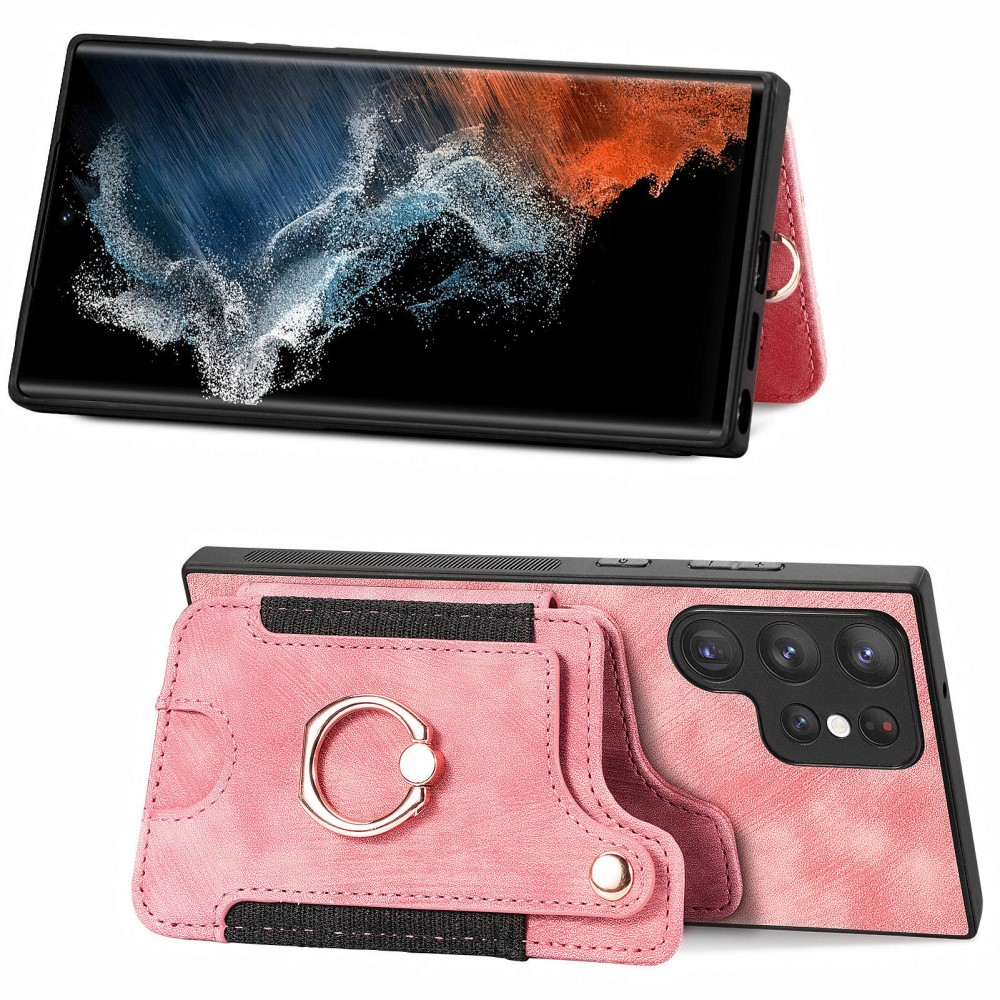 Samsung Galaxy S23 Ultra 5G Necklace Leder Hülle mit Kartenfächer   Finger Griff Halterung   Handykette (RFID Schutz) - Rosa