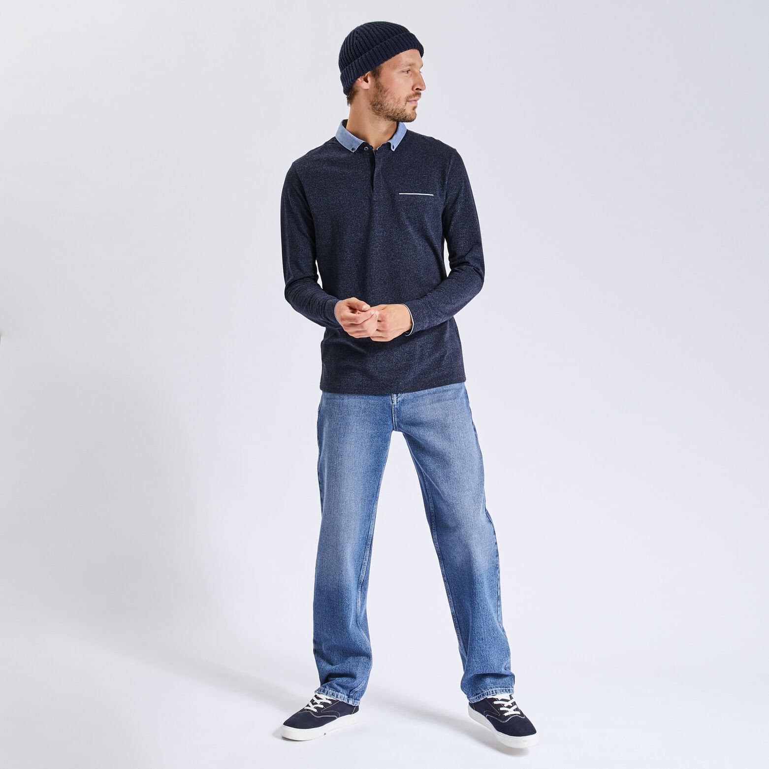 Polo manches longues maille piquée moulinée col ox Bleu foncé