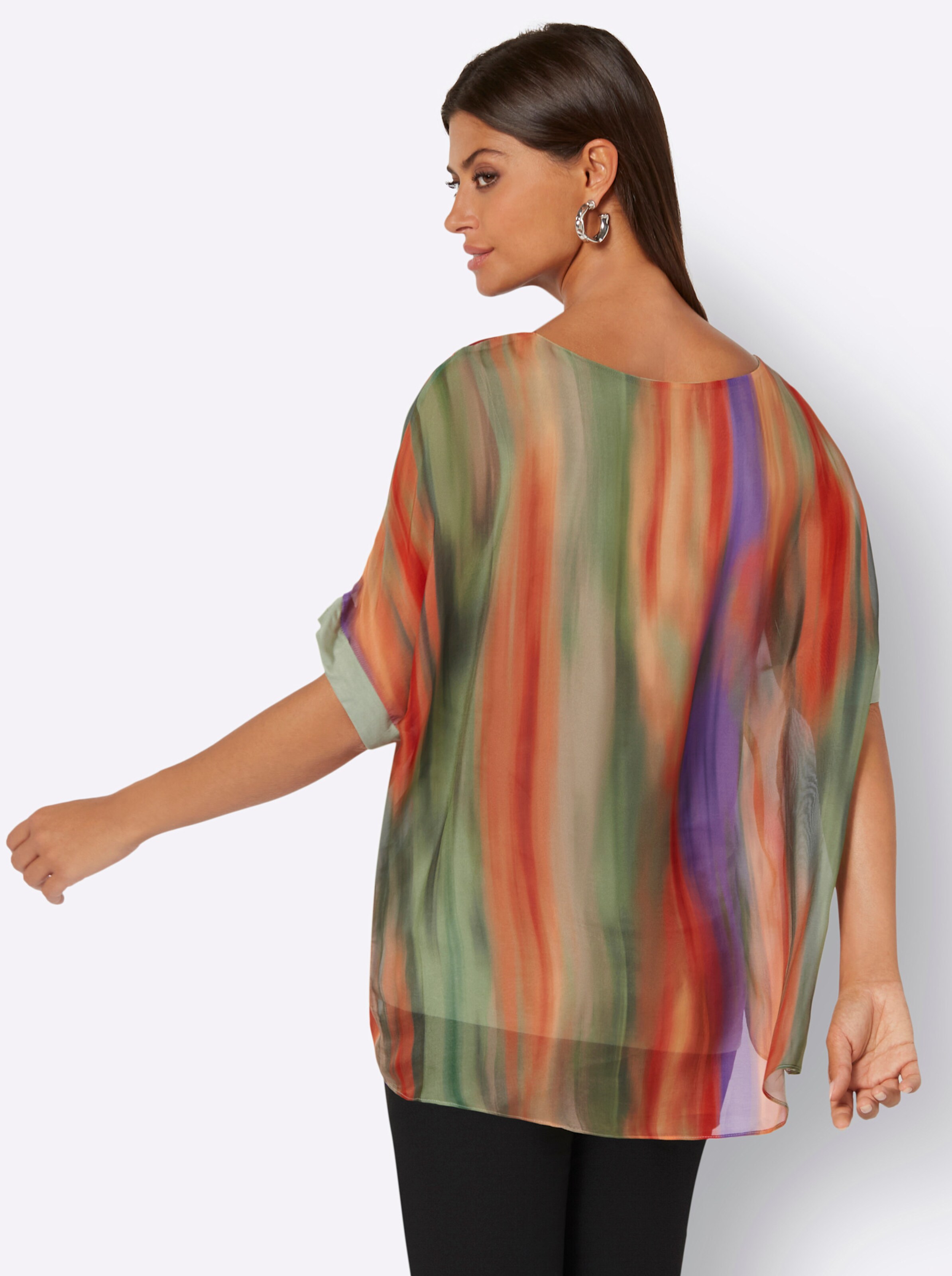 Longbluse in oliv-papaya-bedruckt